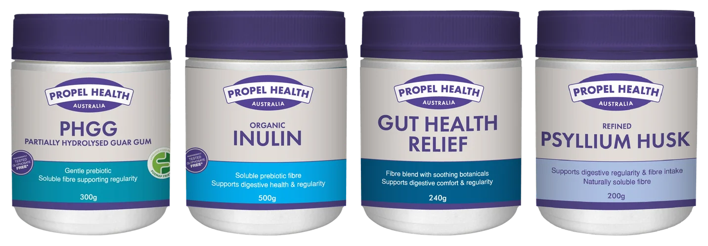 Fibre supplement for gut health: PHGG, organic inulin, gut health powder and psyllium husk jars