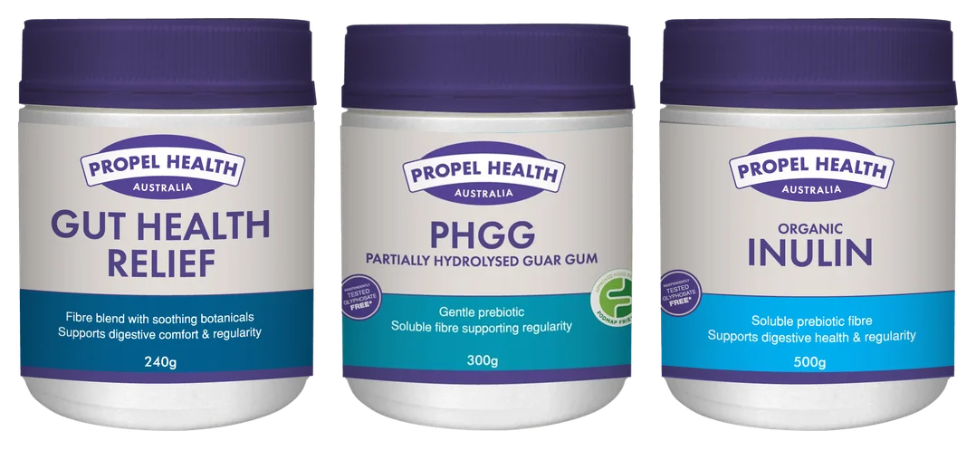 Gut health pills vs powder: gut health powder, PHGG and organic inulin jars