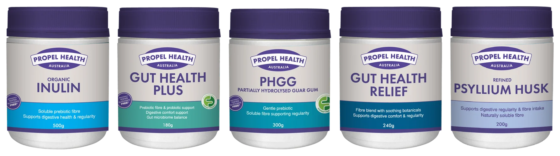 Gut health supplements Australia: Propel Health inulin, Gut Health Plus, PHGG, gut health powder and psyllium husk