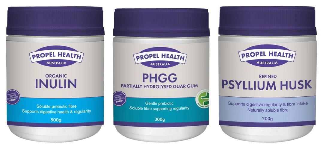 Where to buy gut health supplements: organic inulin, PHGG and psyllium husk jars
